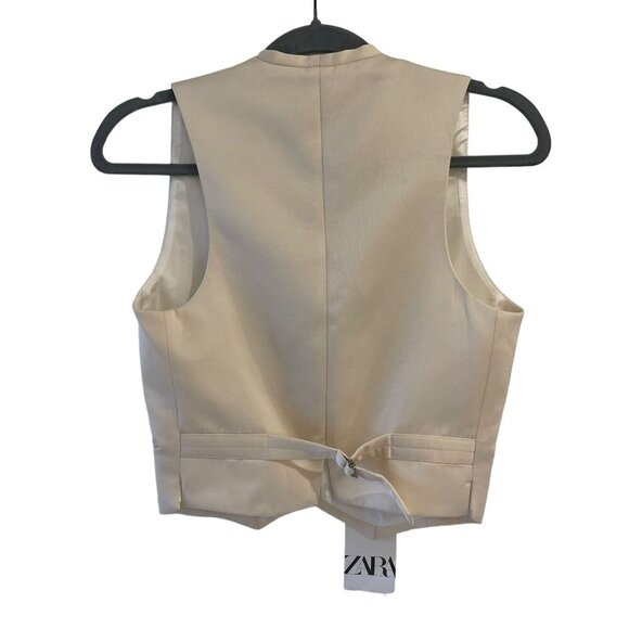 Zara Size XS Beige Double Breasted Tuxedo Vest Waistcoat Satin Trim Back Tie - Picture 6 of 12